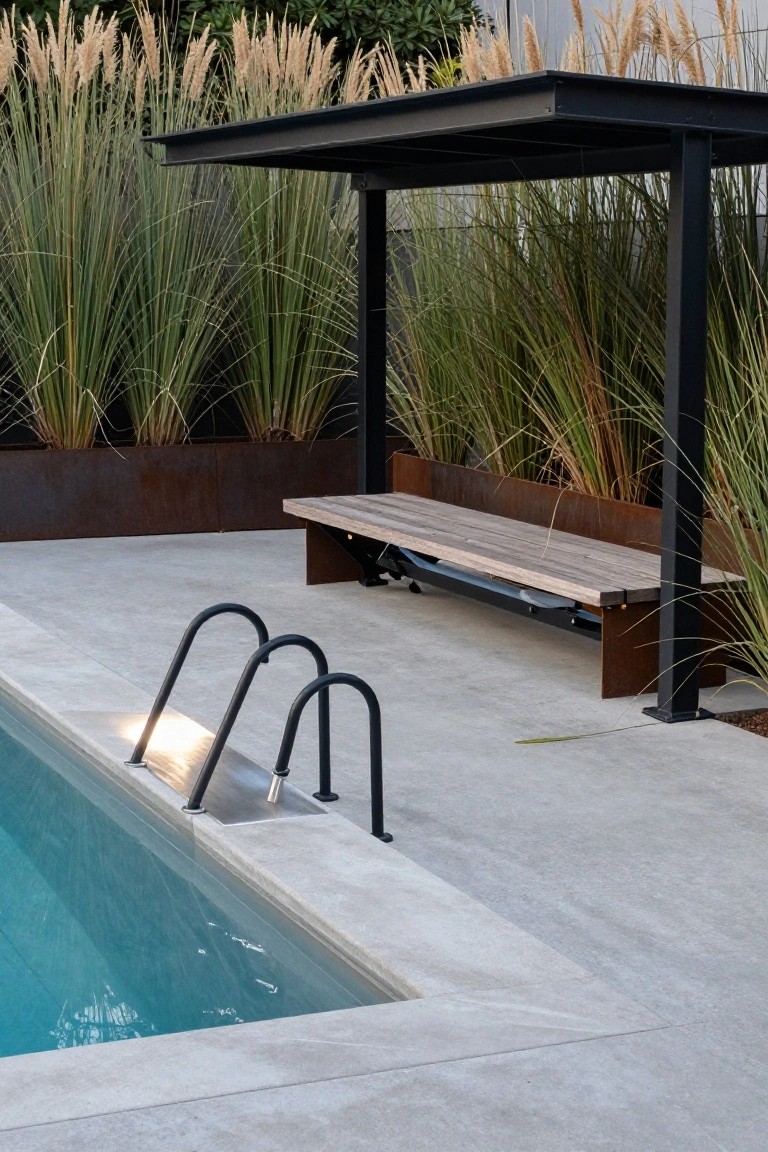 18 Lap Pool Ideas That Combine Fitness With Style Wooden bench under black metal canopy beside a rectangular lap pool with black handrails, surrounded by tall ornamental grasses in rusted metal planters on light gray concrete decking.