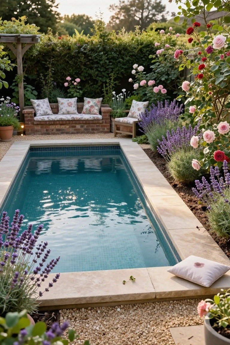 18 Lap Pool Ideas That Combine Fitness With Style Narrow turquoise-tiled lap pool in a walled garden with built-in brick benches topped with floral cushions, wooden stools, lavender and rose plantings, and stone coping.