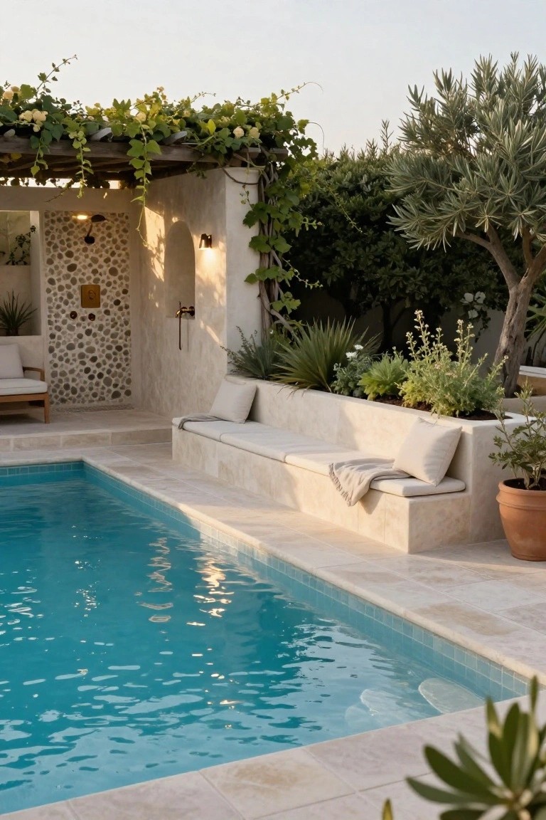 18 Lap Pool Ideas That Combine Fitness With Style Narrow turquoise lap pool edged in beige stone tiles with a long built-in beige stone bench seat along one side topped with white cushions and a throw blanket, adjacent outdoor shower enclosure with pebble mosaic wall and plants, vine-covered pergola structure, olive trees, and potted greenery in the background.