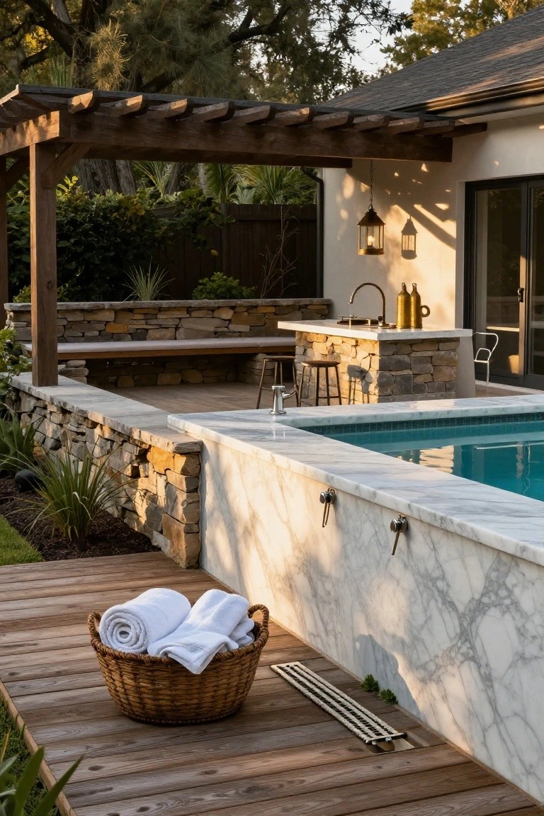 18 Lap Pool Ideas That Combine Fitness With Style A narrow turquoise lap pool with white marble surround adjoins a stone outdoor kitchen bar with sink, bottles, and barstools on a wooden deck next to a wicker basket of white towels.