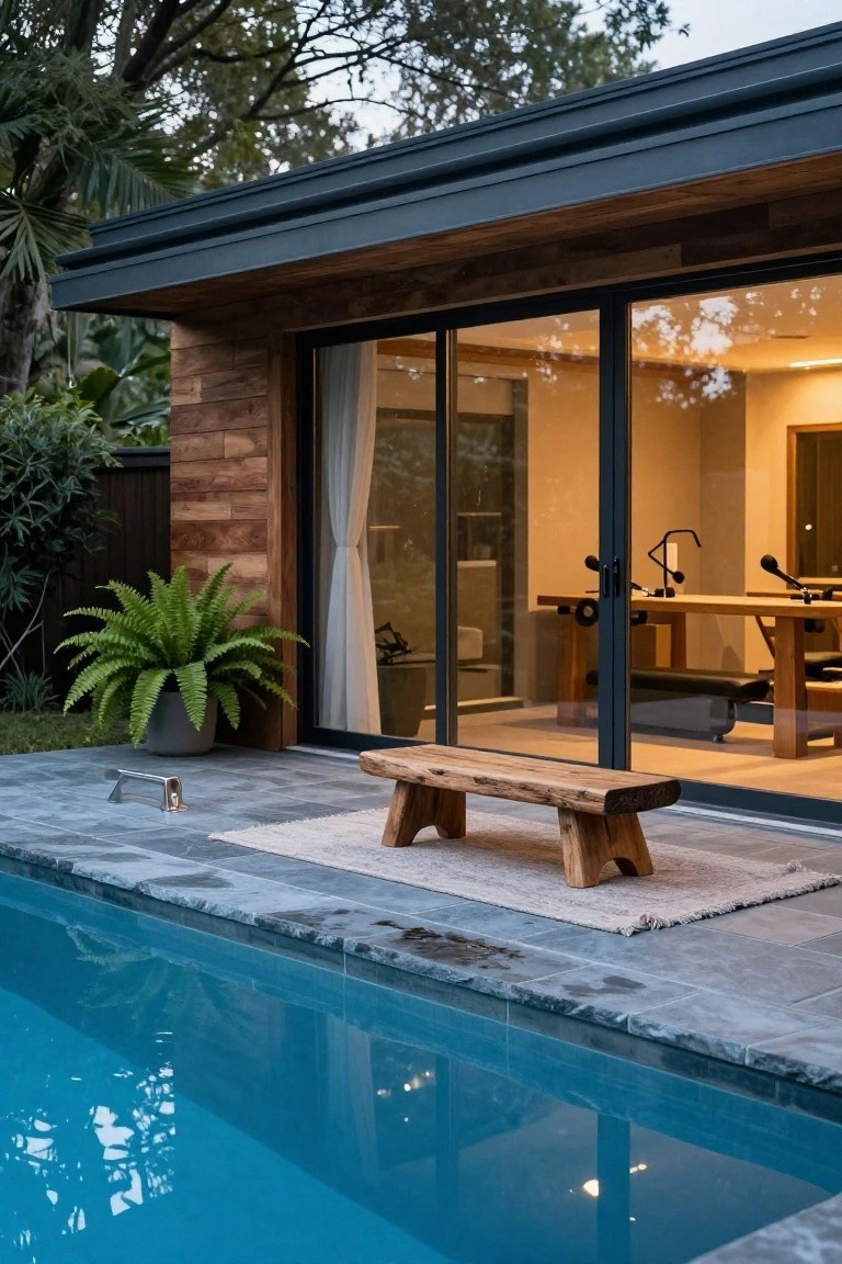 18 Lap Pool Ideas That Combine Fitness With Style Wooden bench on a stone-tiled pool deck next to a lap pool and large sliding glass doors into a home gym room, with potted ferns and tropical trees nearby.