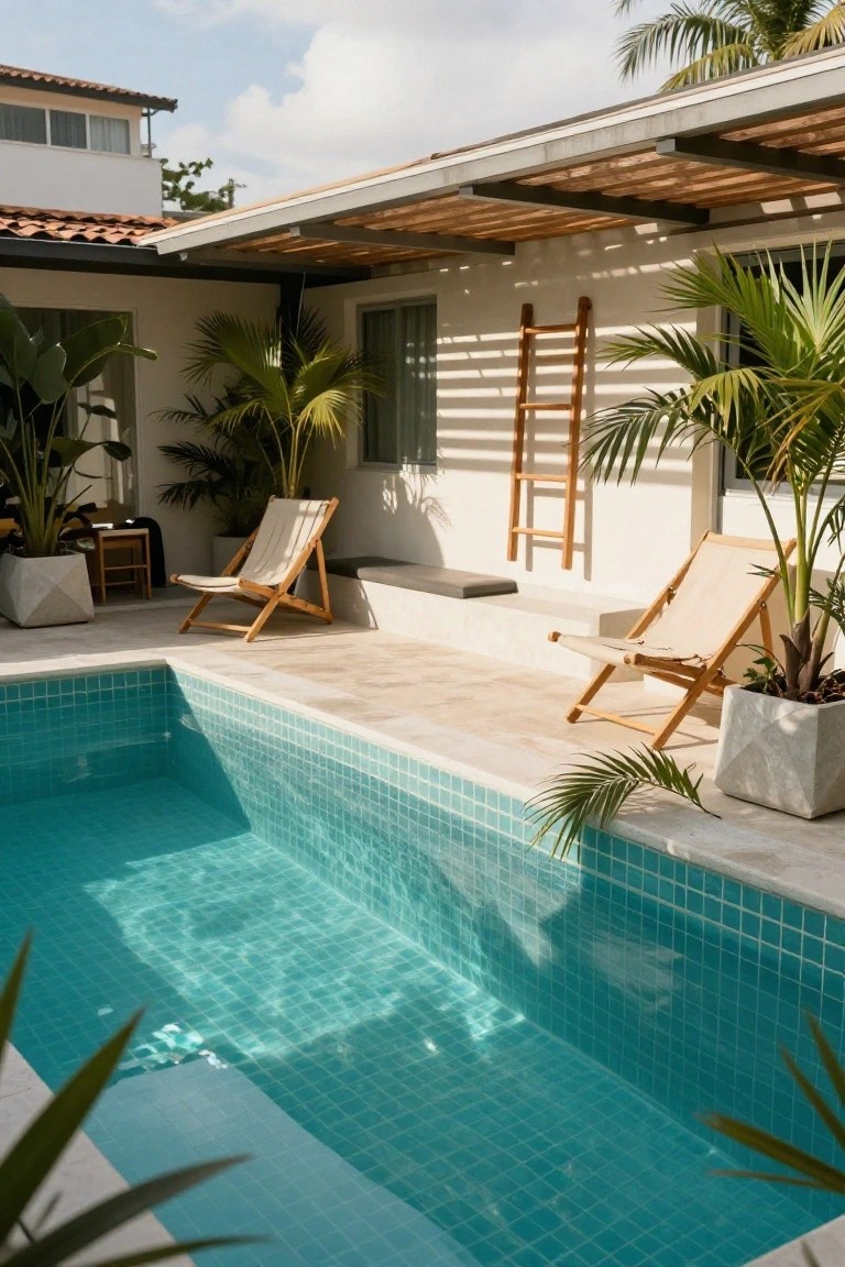 18 Lap Pool Ideas That Combine Fitness With Style Narrow turquoise-tiled lap pool next to a light patio with two beige canvas wooden lounge chairs, potted plants, palms, a wall ladder, and adjacent white house walls under a covered area.