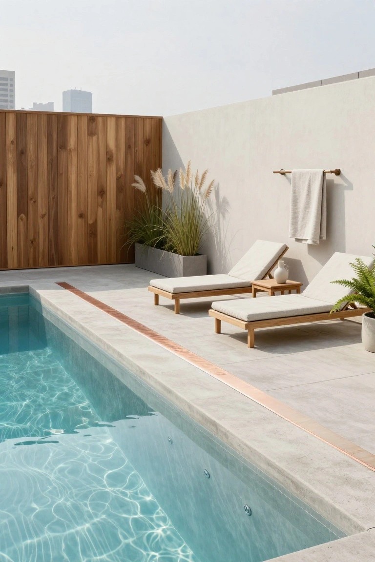 18 Lap Pool Ideas That Combine Fitness With Style Narrow lap pool integrated into a light gray tiled rooftop terrace with two beige-cushioned wooden loungers positioned alongside, pampas grass in a concrete planter nearby, wooden fence, hanging towel on a wall hook, and city buildings in the background.