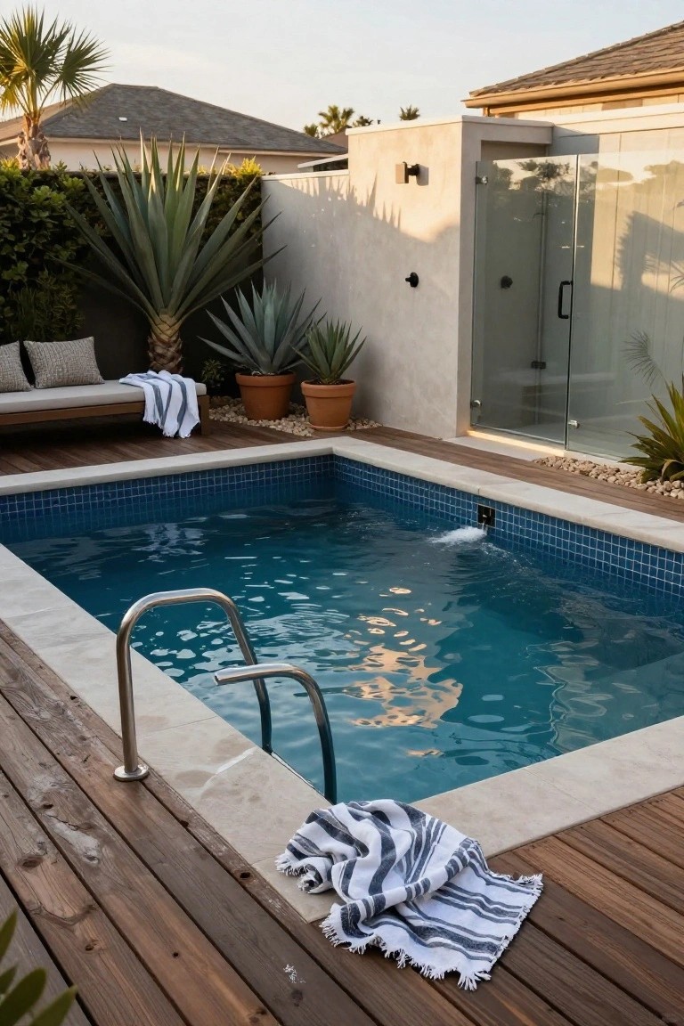 18 Lap Pool Ideas That Combine Fitness With Style Small rectangular blue-tiled pool with stainless steel ladder and water inlet, surrounded by wood decking and stone coping, next to a glass outdoor shower enclosure, with potted agave plants, a bench with towels, and palms in a walled courtyard.