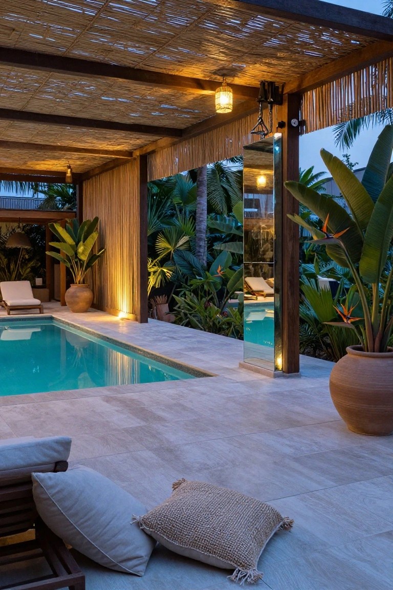 18 Lap Pool Ideas That Combine Fitness With Style A narrow lap pool next to a light stone tile deck with two lounge chairs, white and tan pillows, under a thatched-roof pergola with hanging lanterns, surrounded by potted plants, palms, and bird of paradise flowers at dusk.