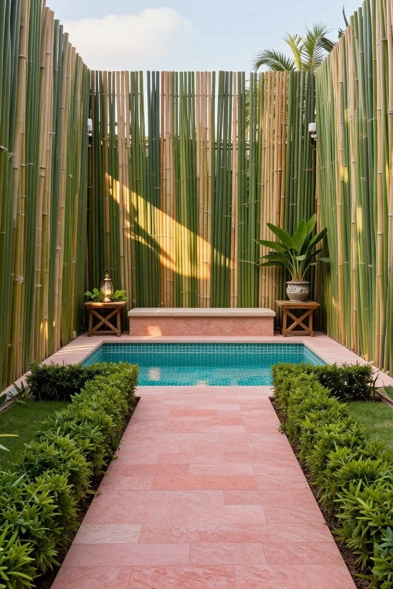 A small rectangular pool with turquoise tiles sits in a courtyard enclosed by tall vertical bamboo fencing, with a pink stone pathway edged by low green boxwood shrubs leading toward it.
