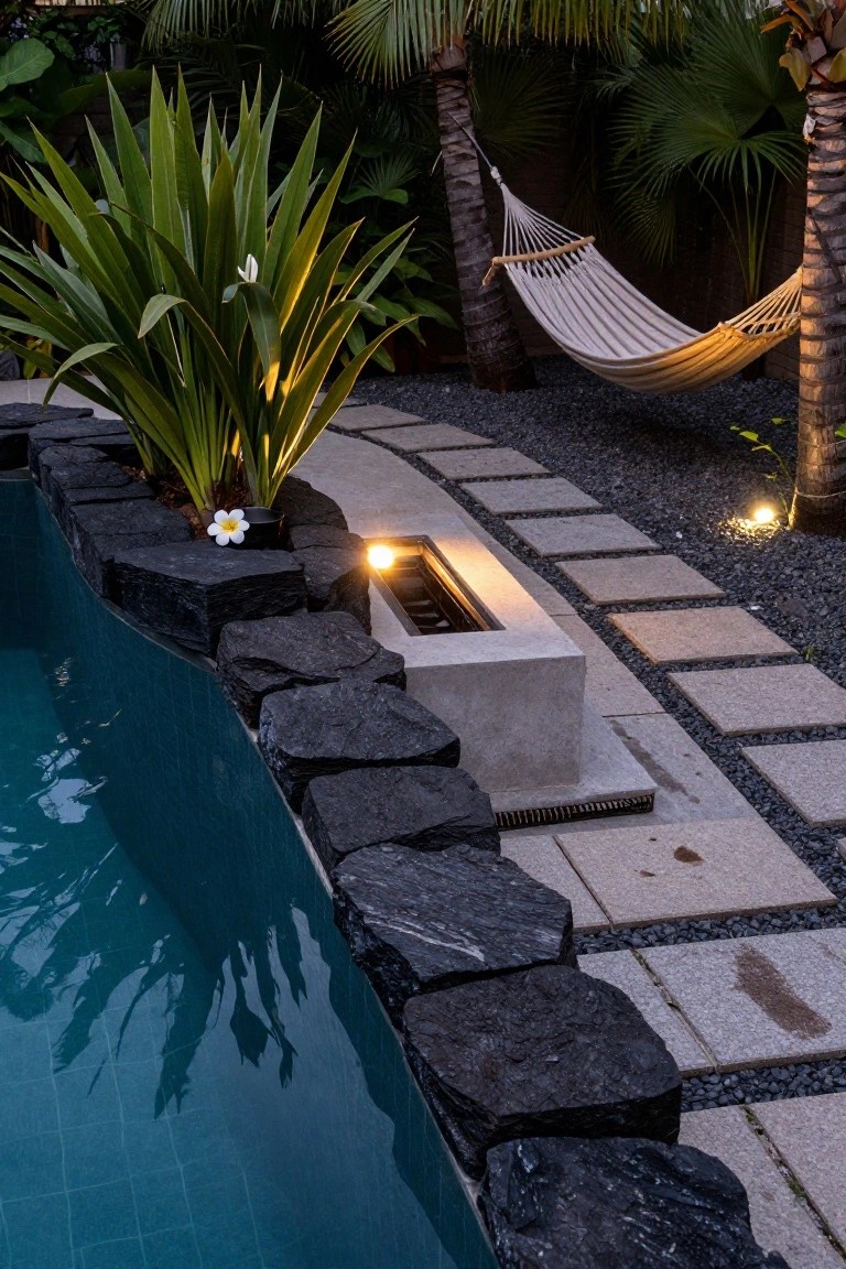 Close view of a turquoise tiled pool edged with stacked irregular black rocks, adjacent concrete fire pit with flames, tropical plants including cordyline and white flower, stone slab path with pebbles, and hammock between palm trees in evening light.