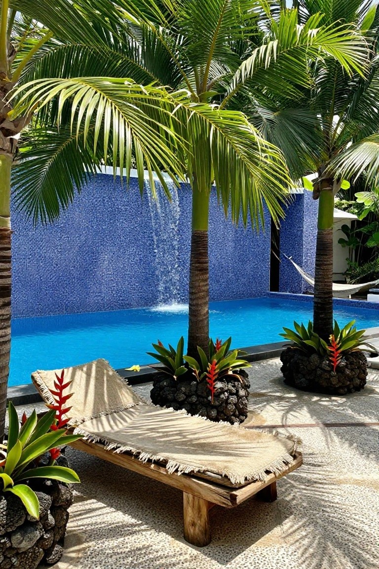 A rectangular blue pool with water cascading from a tall blue mosaic tiled wall, surrounded by palm trees, red heliconia plants in black lava rock pots, and a rustic wooden lounger with beige fabric on a pebble stone deck.