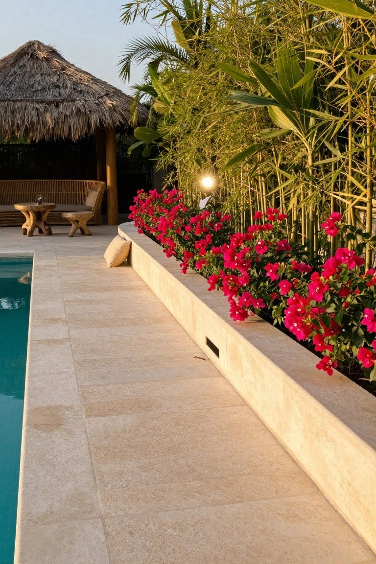 Beige stone pool deck edged by a raised planter overflowing with vibrant red bougainvillea flowers, backed by green bamboo fencing, with a thatched cabana and wooden seating area nearby.