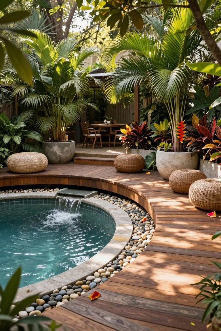 Curved turquoise-tiled pool with waterfall on wooden deck edged in pebbles, surrounded by wicker poufs, potted tropical plants, and lush greenery with nearby outdoor seating.