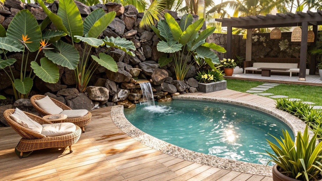 Curved turquoise pool edged with large irregular natural rocks, including a small waterfall feature, adjacent wooden deck with rattan lounge chairs, and tropical plants in the background.