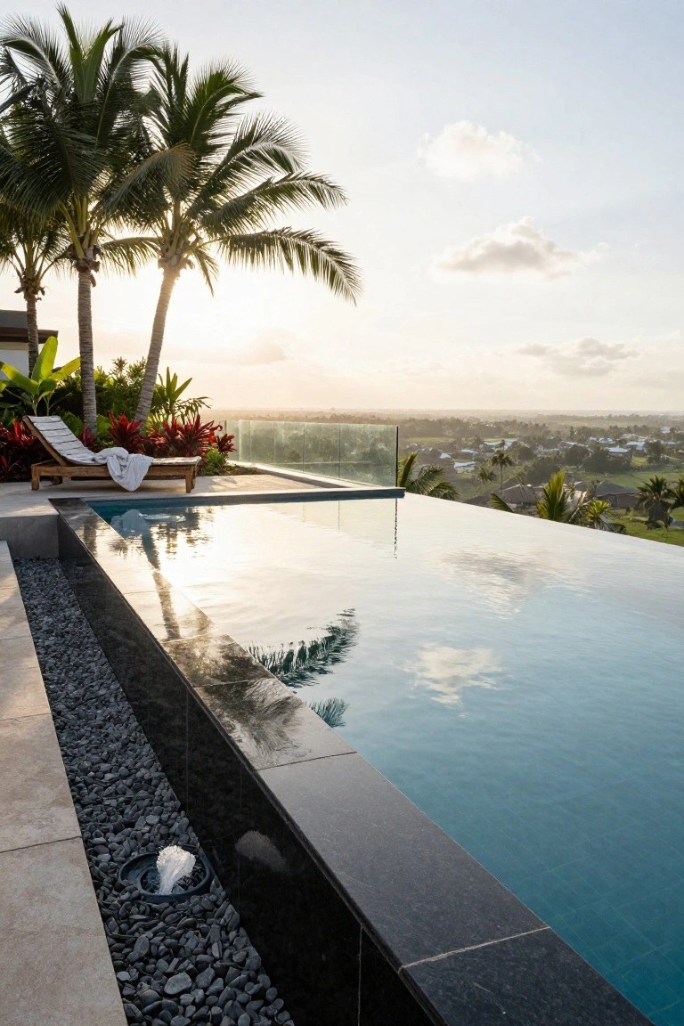 Infinity-edge swimming pool with black stone coping and pebble drainage trench along the edge, wooden chaise lounge with white towel, tropical palms and red plants nearby, glass railing, overlooking landscape at sunset.