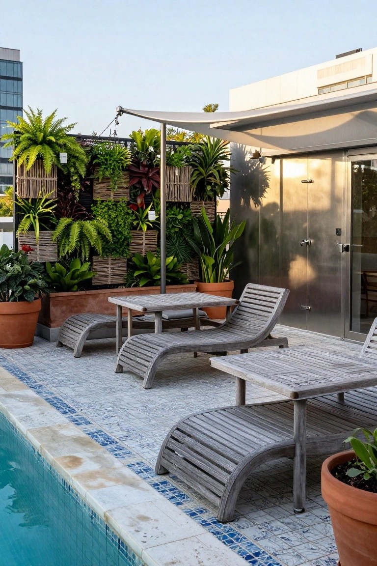 Rooftop pool terrace with turquoise water edged in blue tiles, wooden loungers and table on light stone decking, vertical wall of potted tropical plants including ferns and palms, and stainless steel door on modern building facade.
