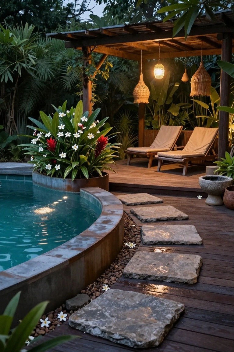 Curved turquoise pool edged in stone with irregular flat stepping stones set into a wooden deck and gravel border, surrounded by tropical plants, palms, and a pergola with loungers at dusk.