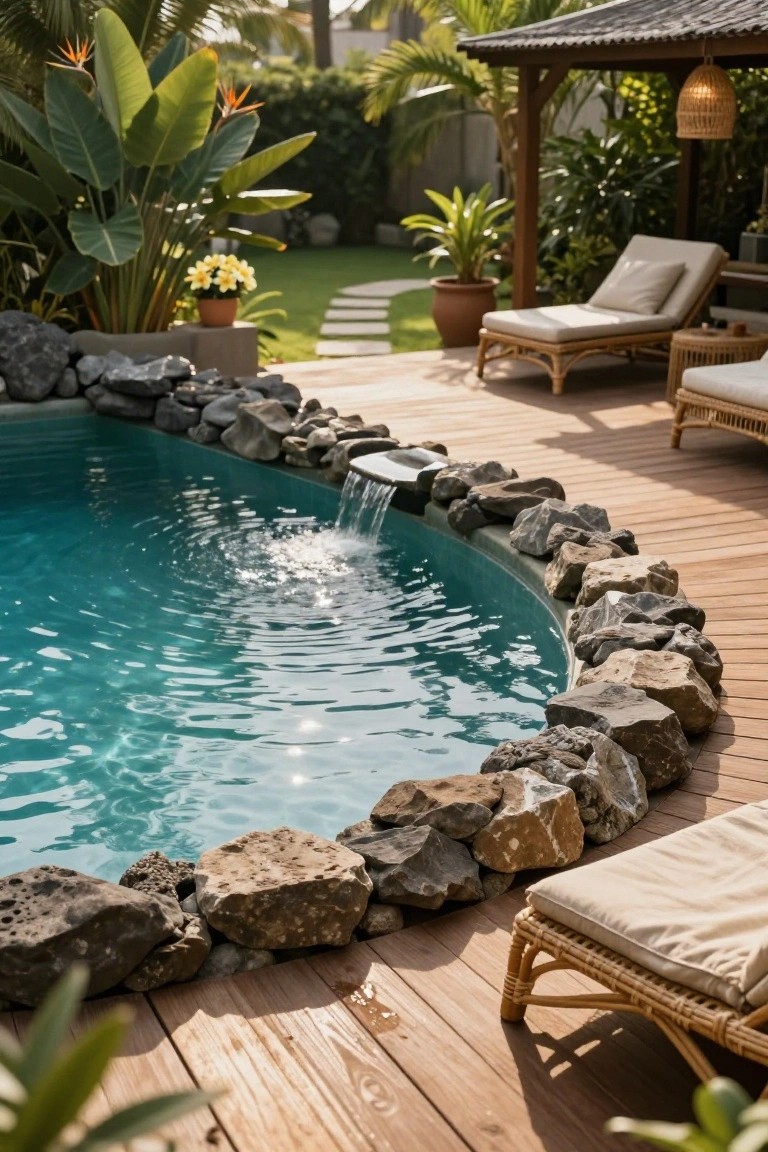 Curved turquoise pool edged with large irregular natural rocks, including a small waterfall feature, adjacent wooden deck with rattan lounge chairs, and tropical plants in the background.