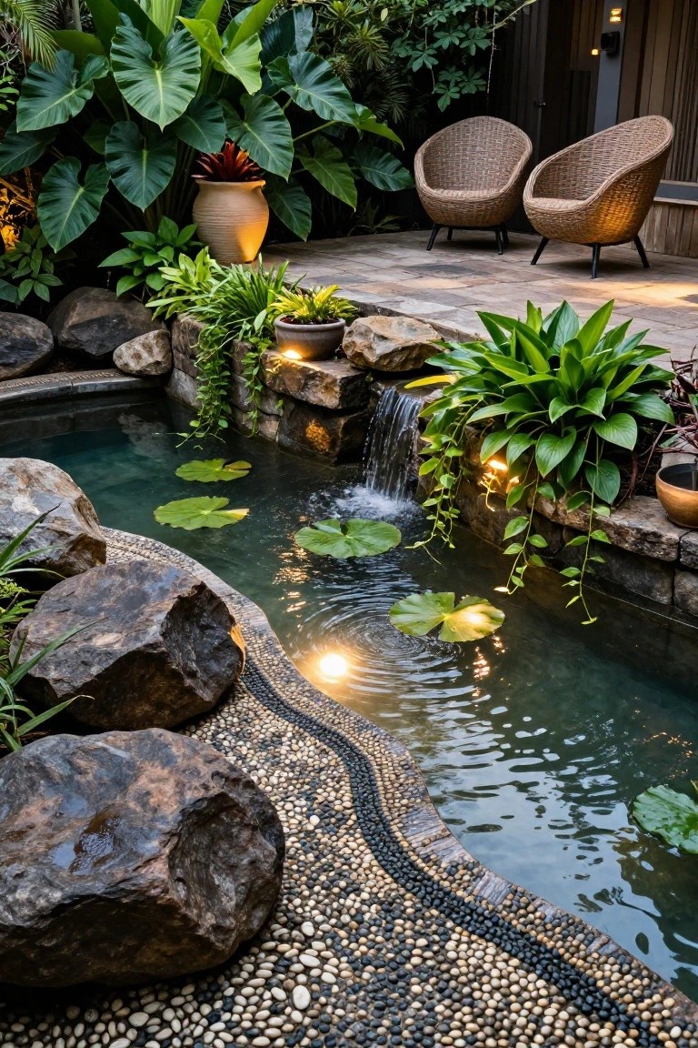 Tropical backyard pool with green water, lily pads, small waterfall over rocks, surrounded by large boulders, lush green plants, pebble mosaic edging, and rattan chairs on a stone patio.