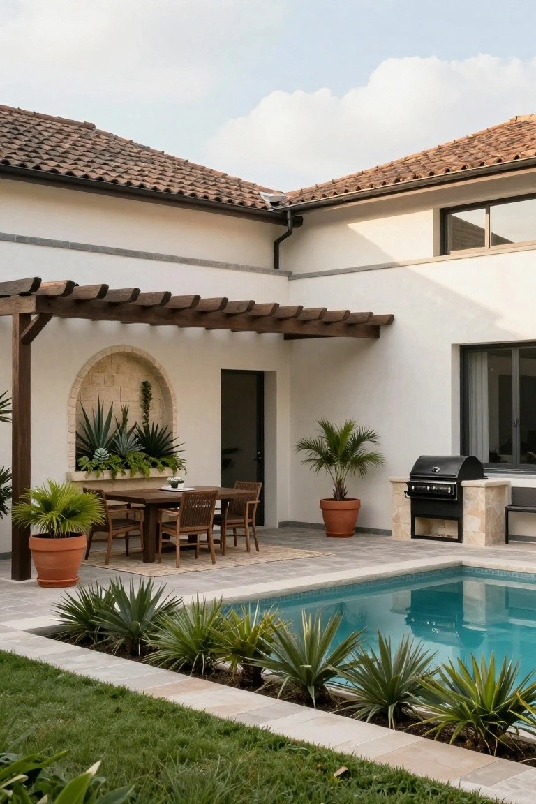 Backyard pool with turquoise water edged in stone, wooden pergola shading a rectangular dining table with chairs, built-in stone BBQ, potted plants, and white stucco house wall with arched niche.