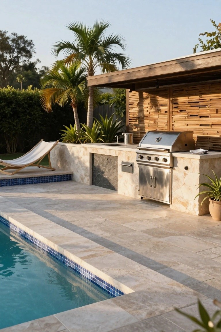 Outdoor kitchen with stainless steel grill built into beige stone counters and cabinets next to a turquoise pool edged in blue tiles, surrounded by palm trees, plants, and a hammock in a tropical backyard.
