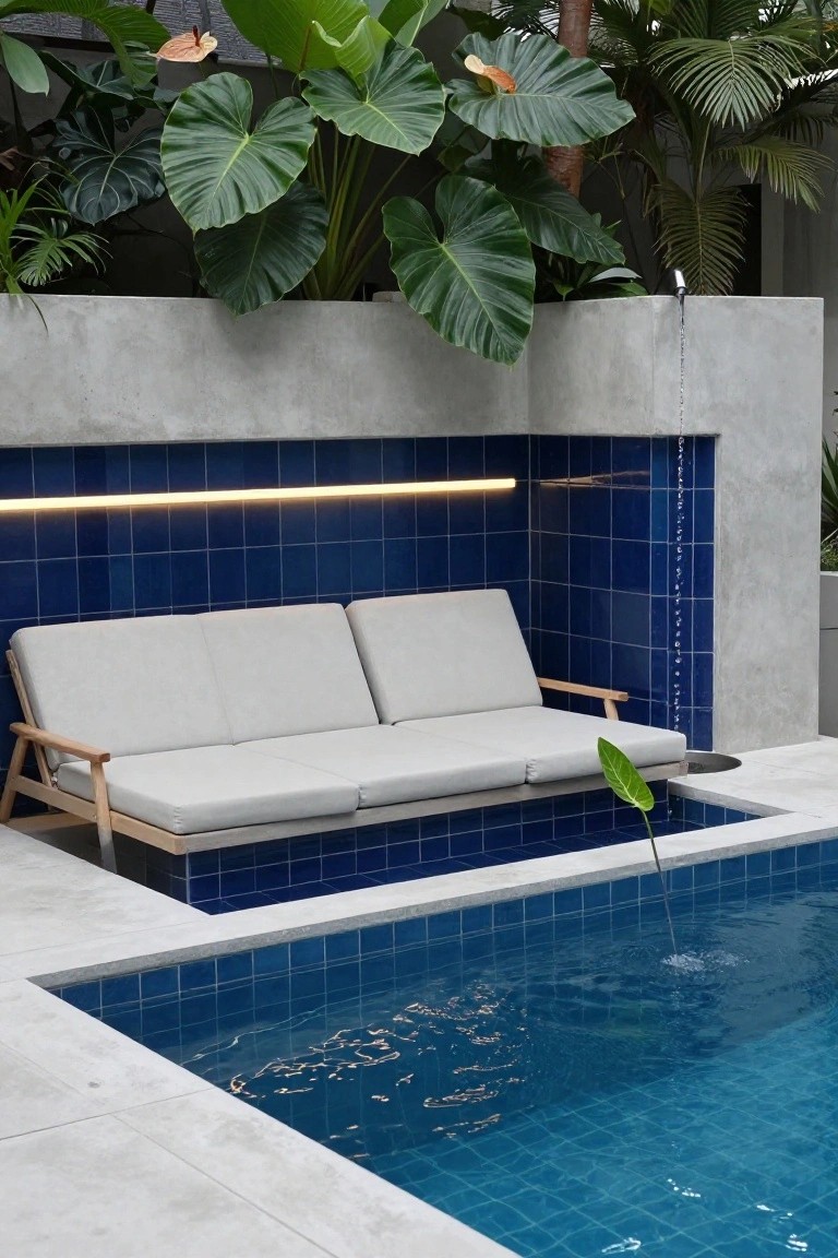 Gray cushioned bench with wooden frame built into a blue tiled wall beside a rectangular pool, surrounded by tropical plants and concrete architecture with a water feature.