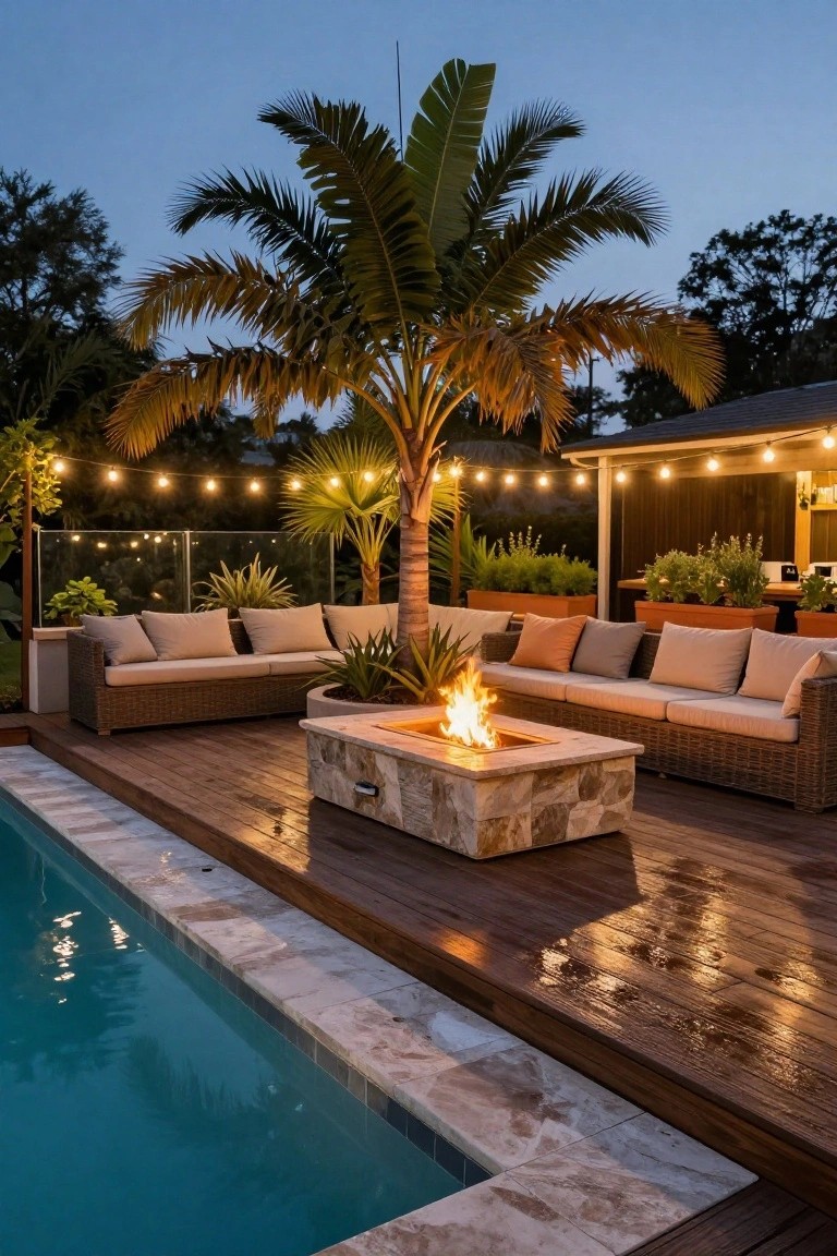 Dusk view of a wooden deck beside a turquoise pool, centered on a rectangular stone fire pit with yellow flames, surrounded by beige wicker sectional sofas, tropical palms, potted plants, string lights, and a pergola with outdoor kitchen.