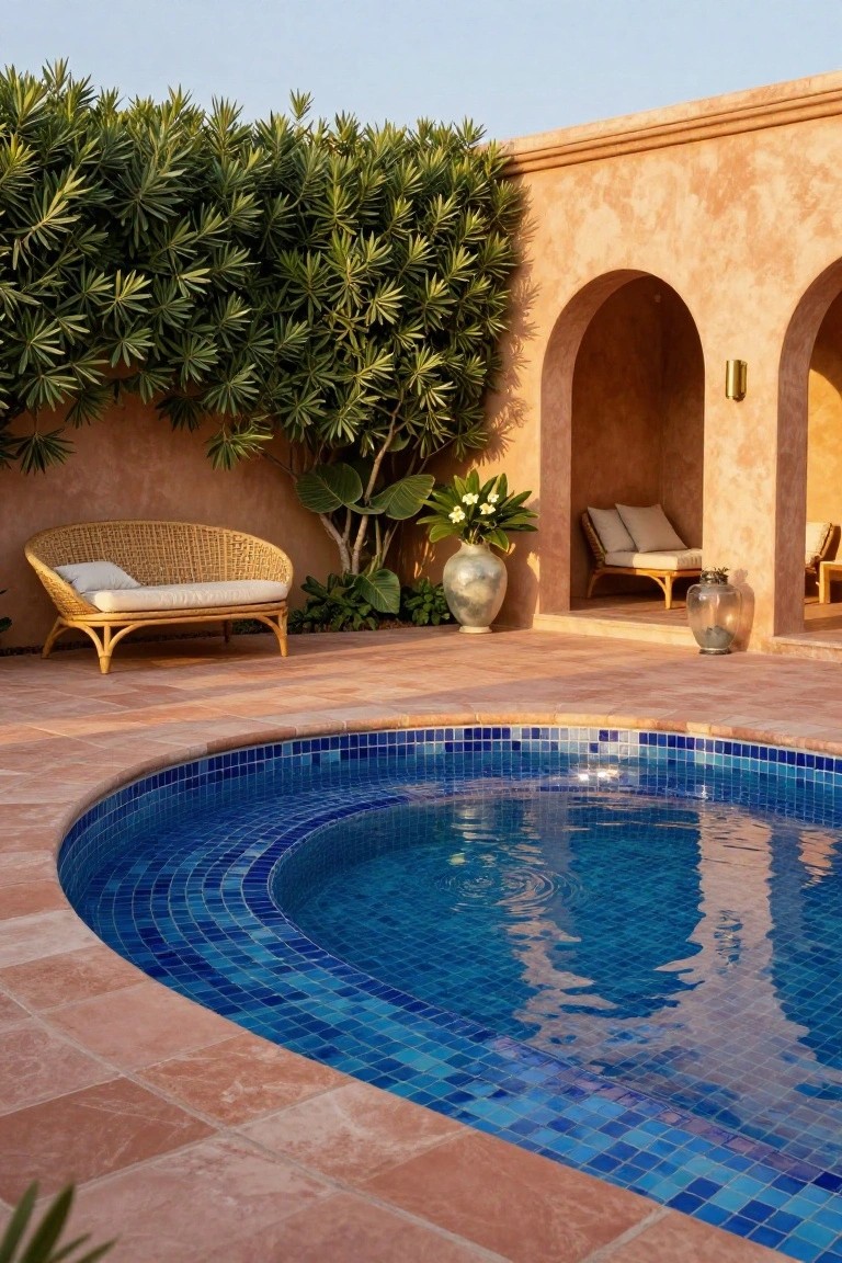 Curved blue mosaic-tiled plunge pool edged in terracotta pavers in an ochre-walled courtyard with wicker loveseat, chairs, potted plants, and lush green foliage against the walls.