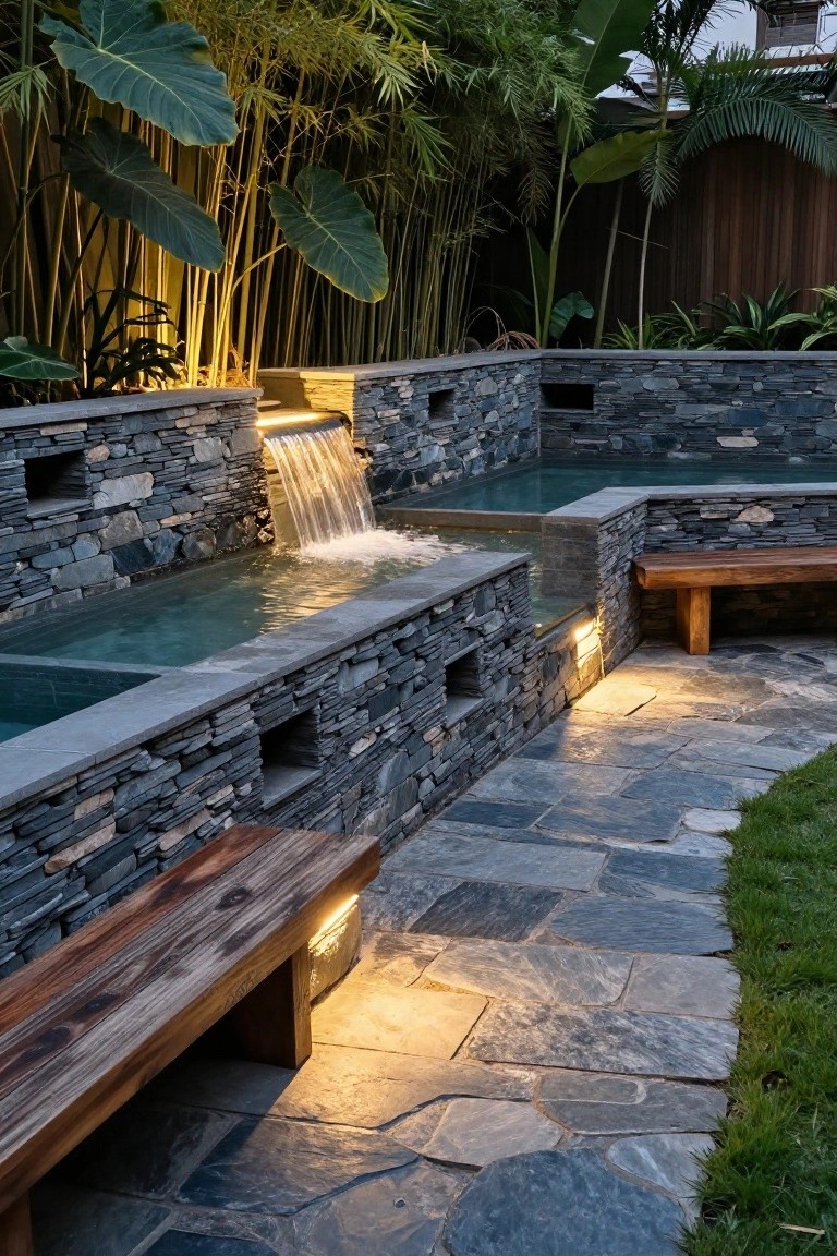 Multi-level dark stone retaining walls in a garden with a waterfall cascading into a narrow rectangular pool, surrounded by lush tropical plants including bamboo and palms, wooden benches, lit slate paths, and grass edging.