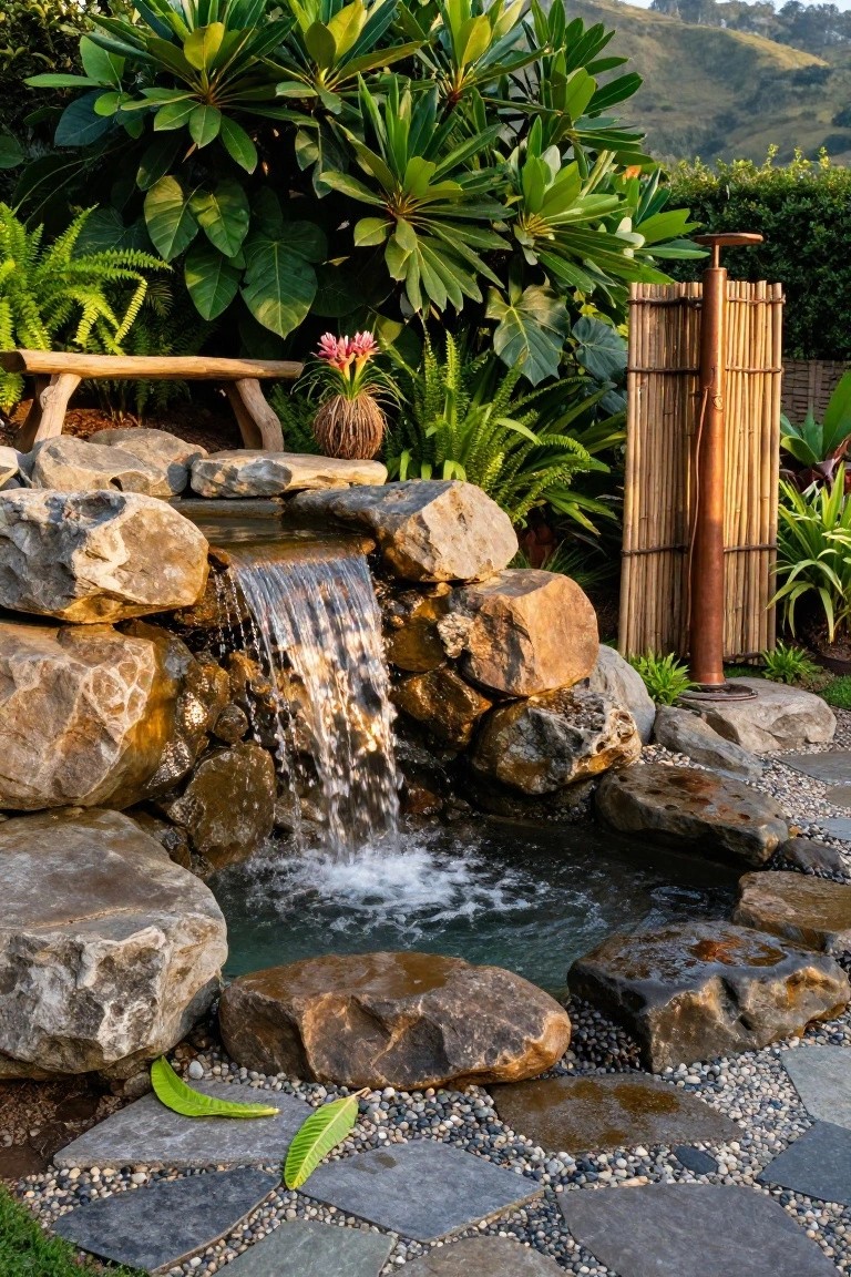 Small garden pond with cascading waterfall over stacked natural rocks, surrounded by tropical plants including ti leaves and ferns, a wooden bench, bamboo screen, and pebble stone paths.