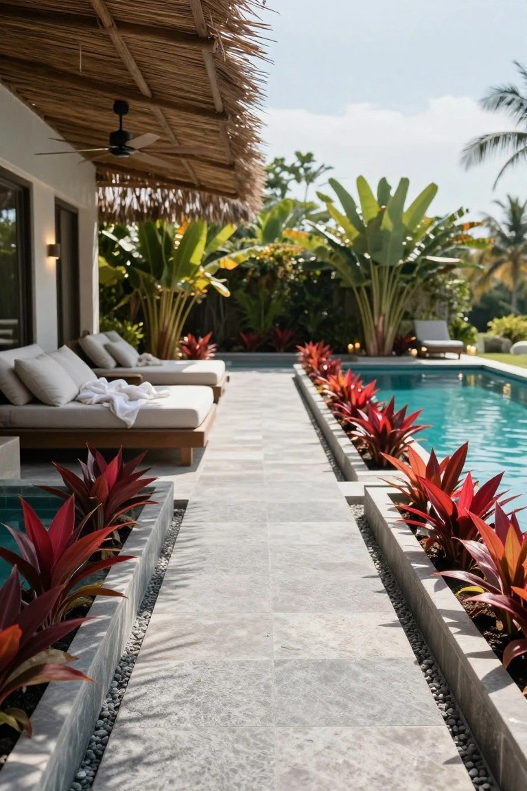 Gray stone walkway alongside a turquoise pool, edged with red bromeliad plants in raised borders, lounge chairs on one side, tropical greenery and thatched overhang nearby.