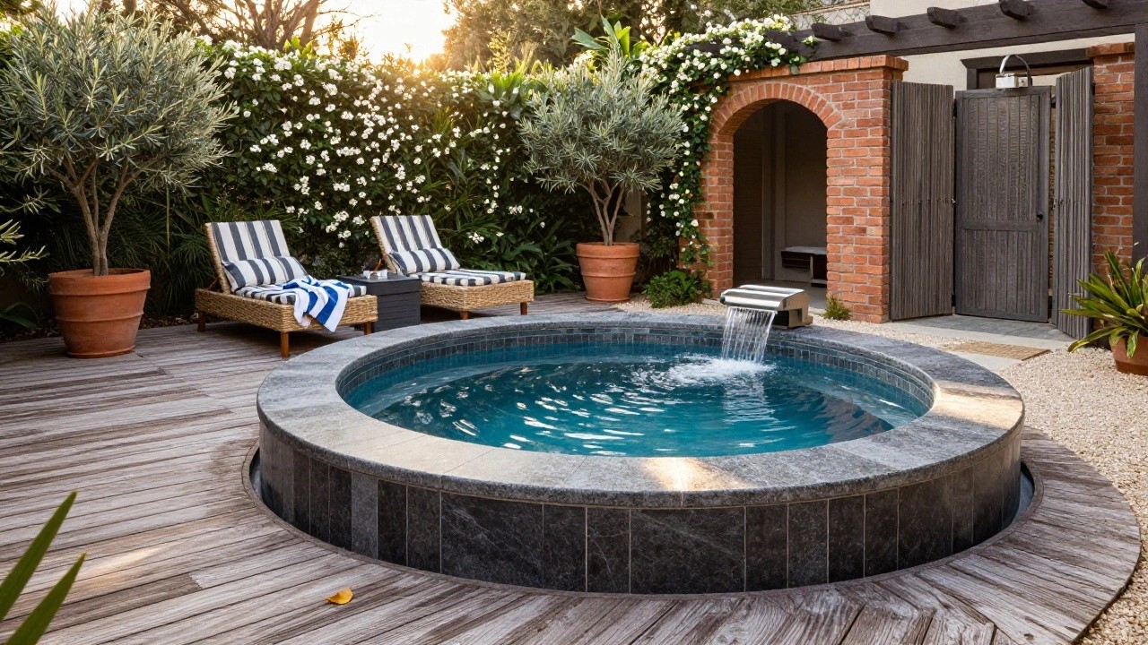 Small rectangular inground pool with chrome waterfall faucet on wooden deck next to two striped loungers, brick archway covered in white flowering vines, olive tree in terracotta pot, and outdoor shower nearby.