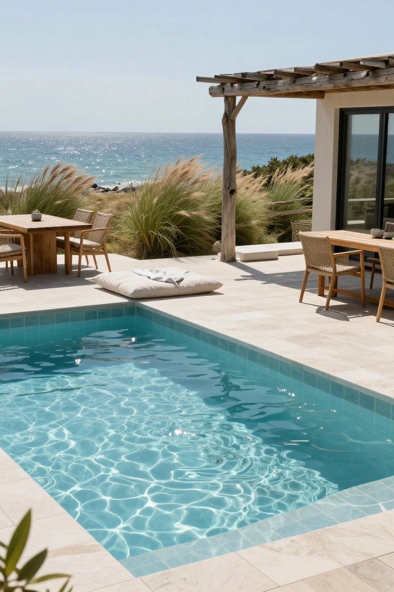 18 Luxurious Inground Pool And Hot Tub Ideas For Home Retreats Turquoise inground pool on light stone deck with two wooden dining tables, rattan chairs, large white floor cushions, tall ornamental grasses, wooden pergola, and modern house wall overlooking ocean and beach.