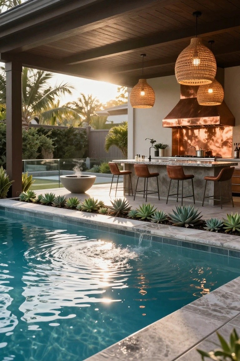 18 Luxurious Inground Pool And Hot Tub Ideas For Home Retreats Outdoor covered patio with copper kitchen hood, rattan pendant lights, leather bar stools at stone countertop, concrete fire pit nearby, inground pool with agave plants along the edge, and palm trees in background.