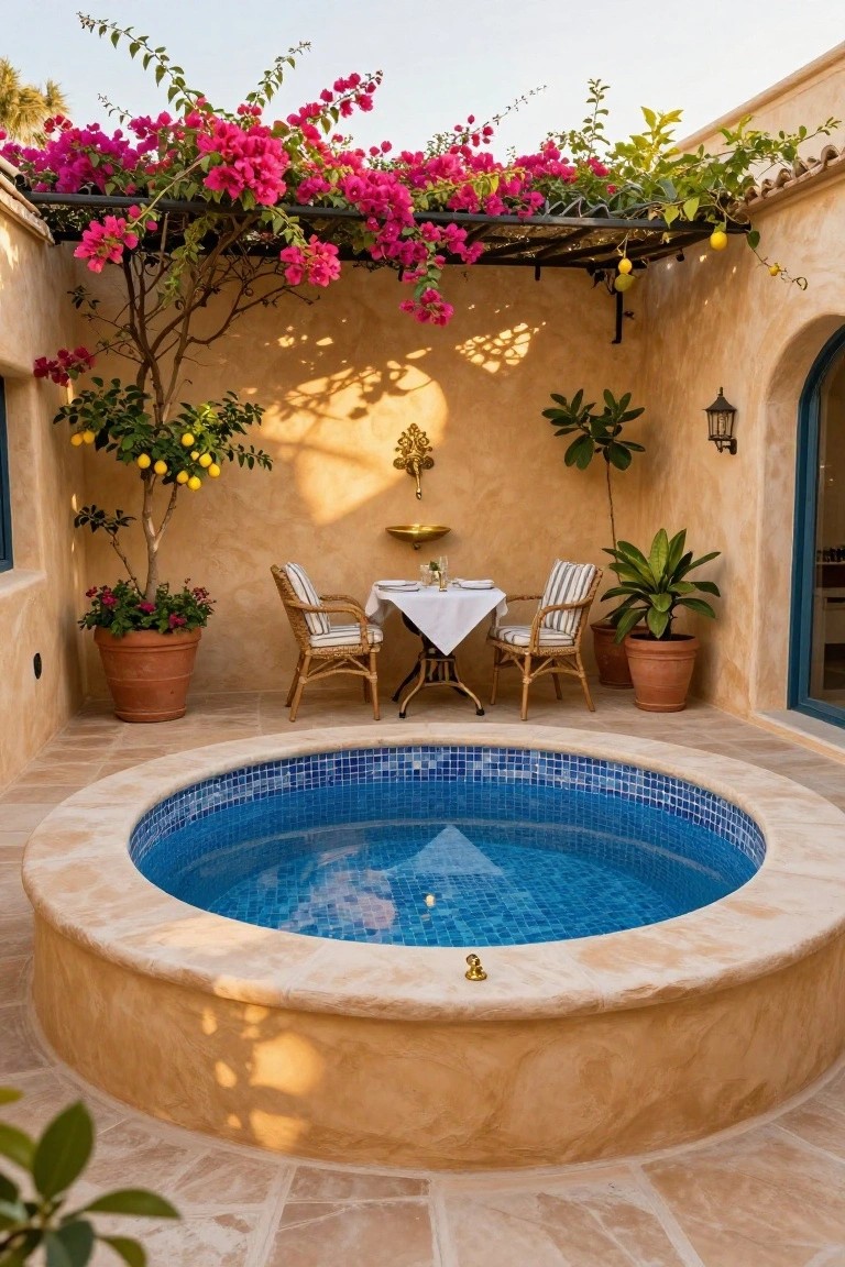 18 Luxurious Inground Pool And Hot Tub Ideas For Home Retreats A circular blue mosaic-tiled inground hot tub centered in a beige stucco courtyard with a small round dining table, wicker chairs, potted plants, a lemon tree, bougainvillea vines overhead, and an arched blue doorway.