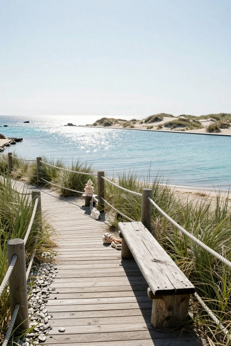 18 Luxury Infinity Pool Ideas That Redefine the Horizon Wooden boardwalk path with rope fences and tall grasses on both sides, a bench in the foreground, seashell decorations on posts, leading toward turquoise water, dunes, and rocks in the background.