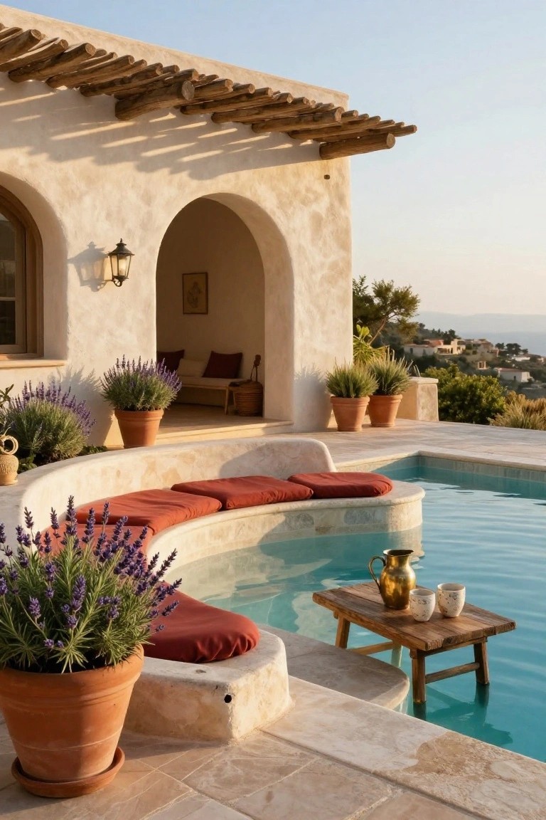 18 Luxury Infinity Pool Ideas That Redefine the Horizon Curved infinity pool with built-in beige stone banquettes topped by red cushions, surrounded by lavender plants in terracotta pots, a wooden table holding a brass jug and cups positioned in the water, adjacent to a white stucco house with arches and wooden beam roofline overlooking distant hills and sea at sunset.