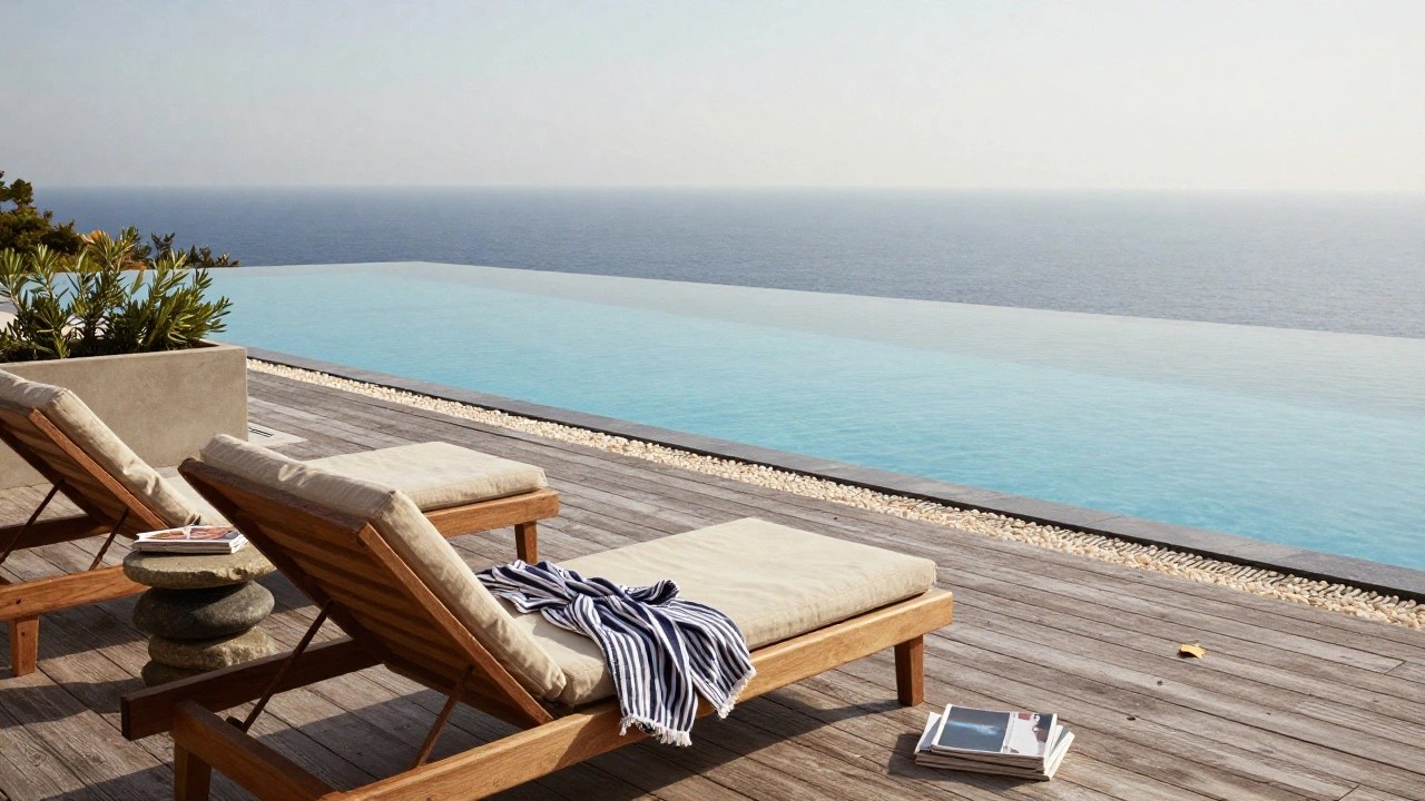 Wooden lounge chairs with beige cushions, navy towels, stacked stones, and a magazine on a deck next to a turquoise infinity pool overlooking the ocean, with an olive tree in a concrete pot nearby.