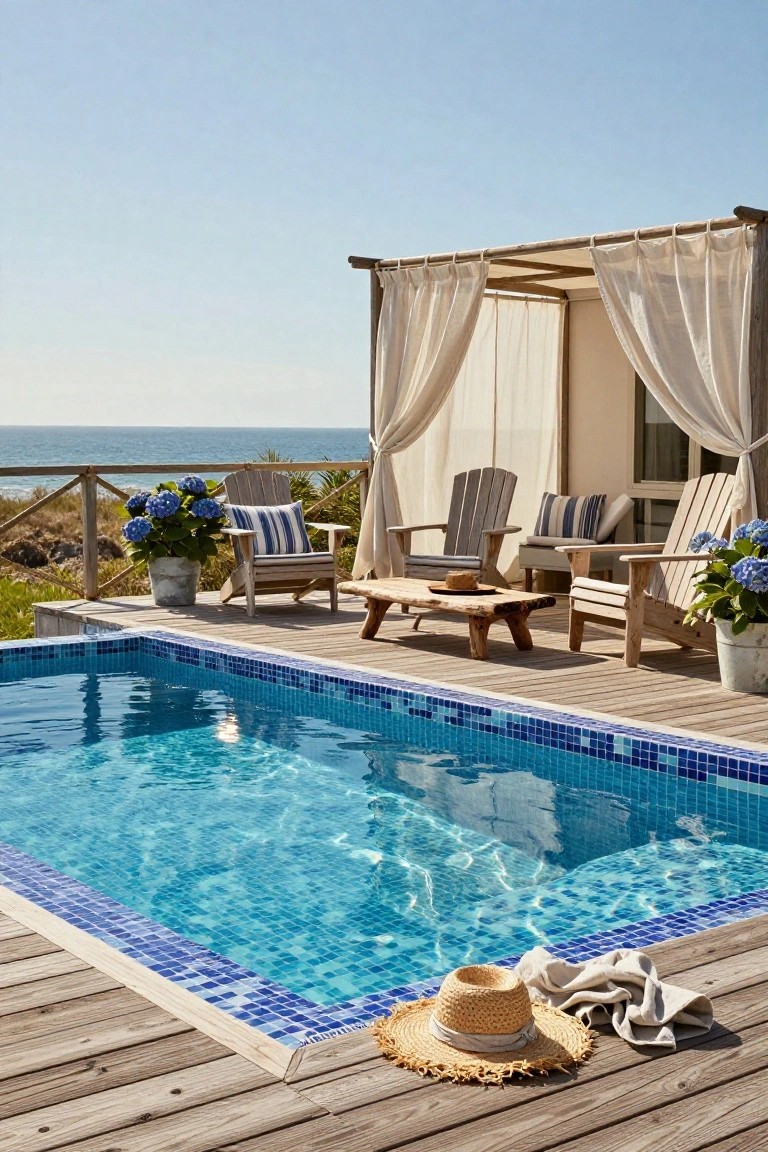 18 Luxury Infinity Pool Ideas That Redefine the Horizon Wooden deck adjacent to a blue mosaic-tiled infinity pool overlooking the ocean, featuring Adirondack chairs under a pergola with sheer curtains, potted blue hydrangeas, and a straw hat on the deck.