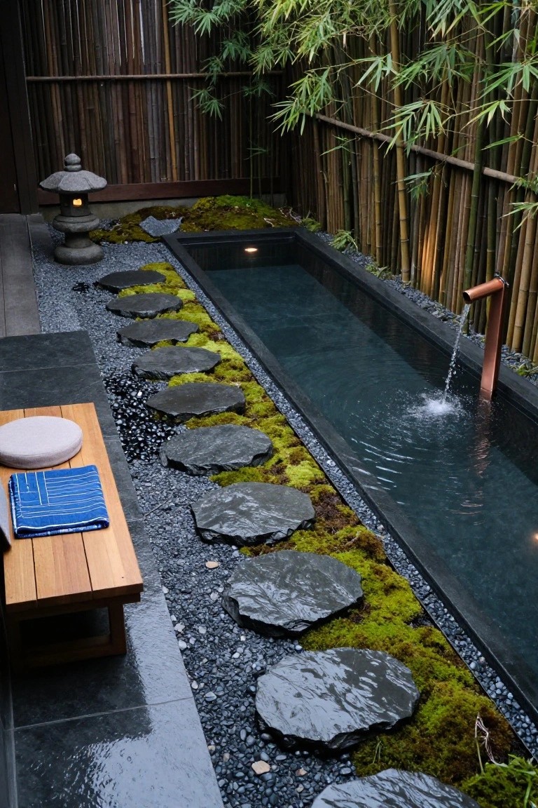 18 Luxury Infinity Pool Ideas That Redefine the Horizon Overhead view of a narrow rectangular pool in a bamboo-fenced courtyard with moss-covered stepping stones along one side leading to a wooden bench, stone lantern nearby, and copper pipe spout filling the water.