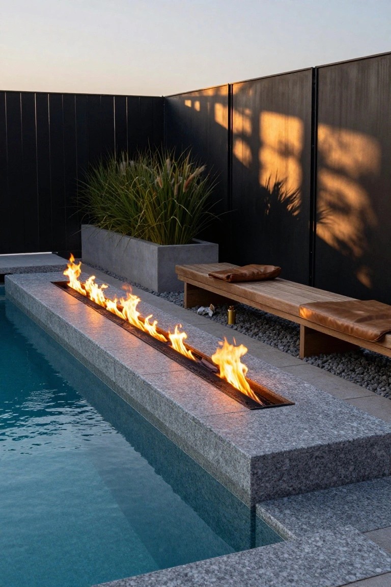 18 Luxury Infinity Pool Ideas That Redefine the Horizon Infinity pool with linear gas fire pit embedded in gray stone coping edge, wooden bench with tan leather cushions nearby, black metal fence, pampas grass in concrete planter, and gravel ground.