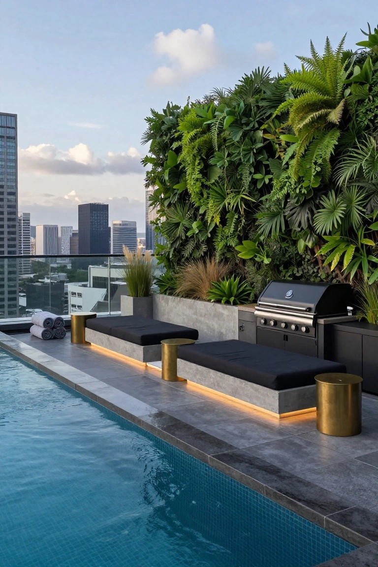 18 Luxury Infinity Pool Ideas That Redefine the Horizon Rooftop infinity pool edged with black loungers and gold side tables, adjacent built-in black BBQ grill and cabinets, lush vertical green plant wall, and distant city skyline under a partly cloudy sky.
