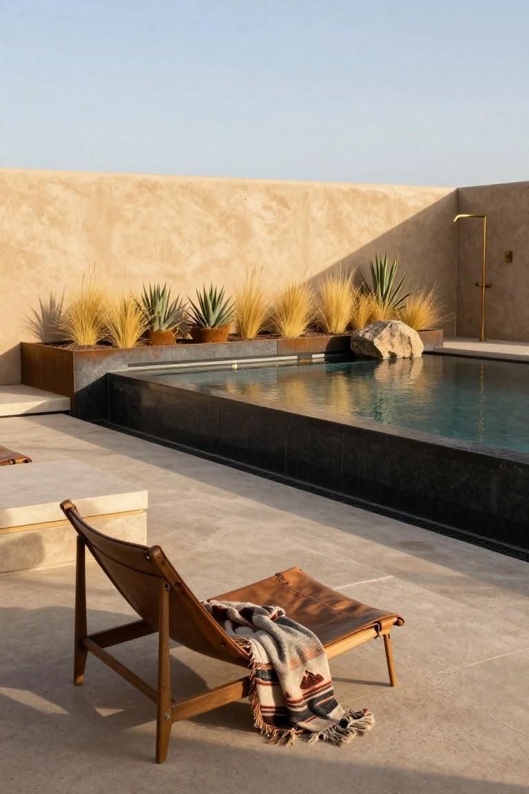 18 Luxury Infinity Pool Ideas That Redefine the Horizon A brown leather chaise lounge with a multicolored blanket draped over it positioned on a light stone terrace next to a rectangular infinity pool with black edging, surrounded by beige stucco walls, corten steel planters filled with grasses and agave plants, and a large rock by the pool in a sunny outdoor setting.