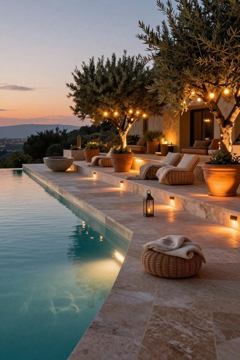 18 Luxury Infinity Pool Ideas That Redefine the Horizon Infinity edge pool on a travertine stone terrace at dusk with recessed step lighting, wicker loungers draped with throws, large terracotta pots, olive trees strung with fairy lights, and a house in the background overlooking a distant valley.