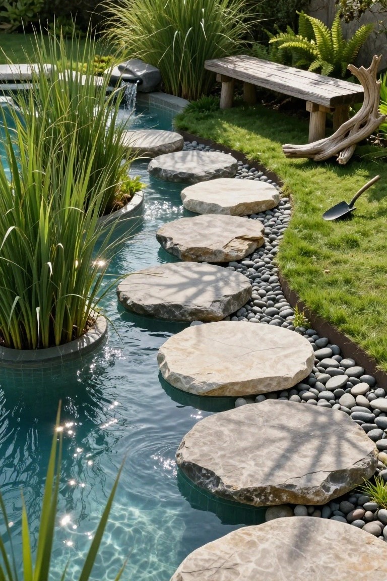 18 Luxury Infinity Pool Ideas That Redefine the Horizon Narrow turquoise pool channel with large flat gray stones placed as stepping stones across the water, bordered by tall green reeds in pots, pebble edging, and surrounding grass and plants.