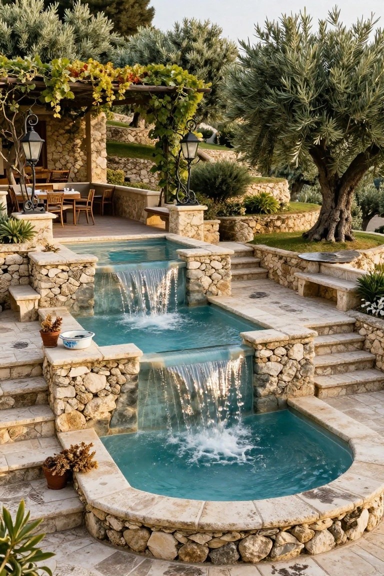 18 Luxury Infinity Pool Ideas That Redefine the Horizon Terraced stone pools with cascading waterfalls on multiple levels, surrounded by stone walls, steps, potted plants, olive trees, a pergola with vines, and an outdoor dining area with table and chairs.
