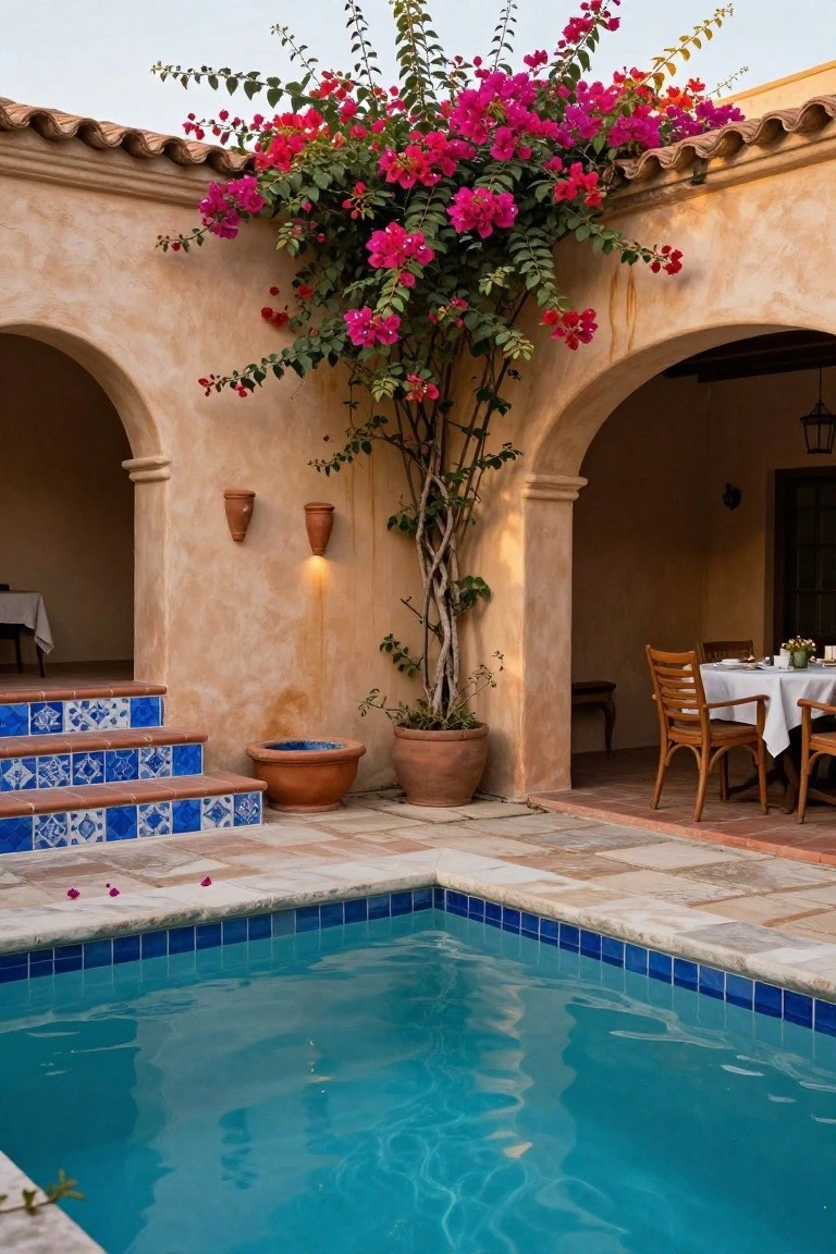 18 Luxury Pool Detail Ideas That Take Your Design Further Blue pool next to beige stucco walls with pink bougainvillea vines climbing arches, outdoor wooden dining table with white tablecloth, blue tiled steps, and terracotta planters on a tiled patio.