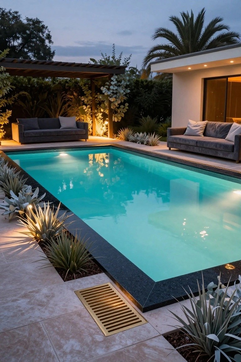 18 Luxury Pool Detail Ideas That Take Your Design Further Rectangular turquoise pool with black edging at dusk, lined with agave plants on tiled decking, gray sofas on both sides, pergola structure and modern white building in background.