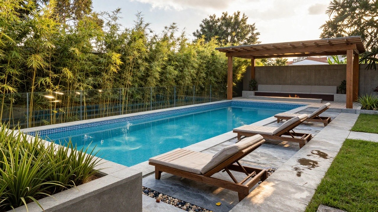 Long narrow lap pool with light blue tiles and grey stone raised edging, featuring a linear planter strip filled with tall ornamental grasses along one side, wooden pergola with two loungers in the background, glass pool fence, tropical plants, and green lawn.