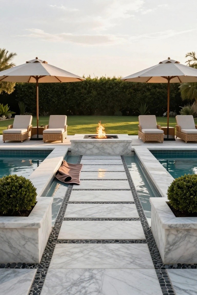 18 Luxury Pool Detail Ideas That Take Your Design Further Outdoor pool area featuring two turquoise pools flanking a central marble pathway with black pebble edges leading to a raised fire pit platform, beige loungers under white umbrellas on green lawn, hedges and palms in background.