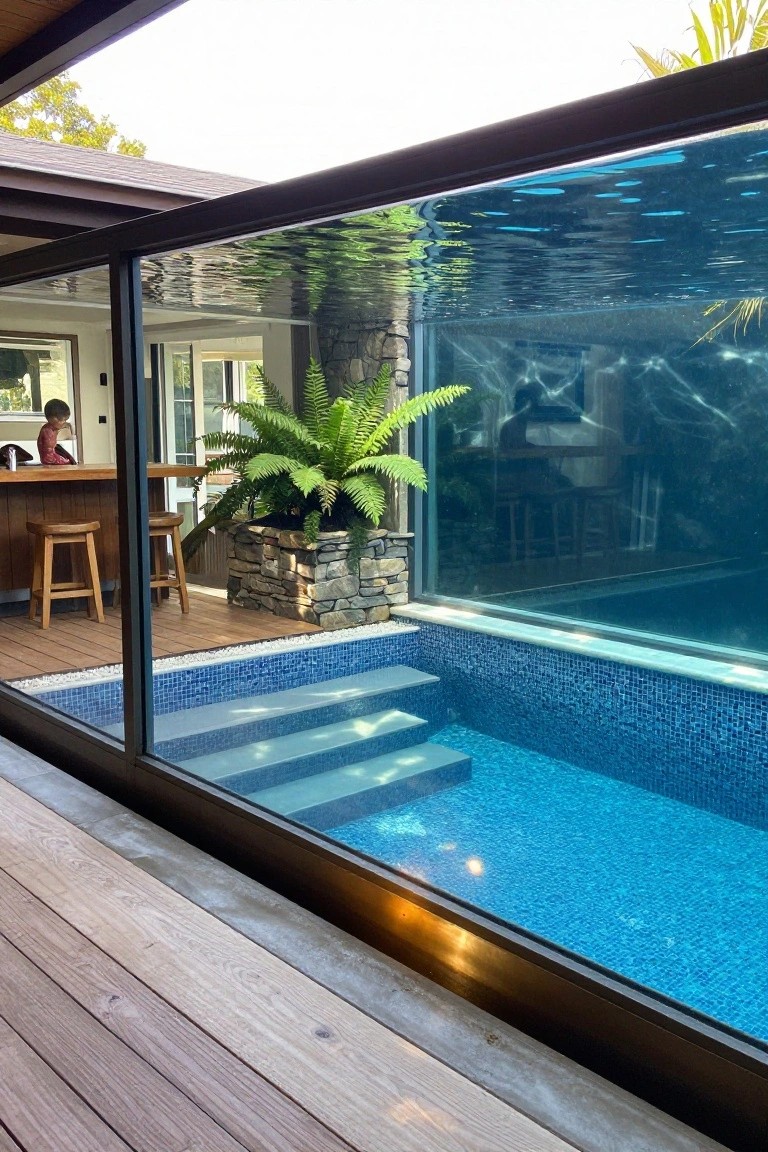 18 Luxury Pool Detail Ideas That Take Your Design Further A small blue mosaic-tiled pool with transparent glass walls sits adjacent to an indoor bar area with wooden stools, a large potted fern, stone planter, and outdoor wooden decking.
