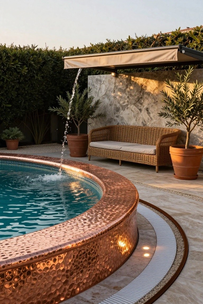 18 Luxury Pool Detail Ideas That Take Your Design Further Circular turquoise pool with hammered copper edging and waterfall feature pouring from the rim, next to rattan sofa, potted plants, stone wall, and beige awning.