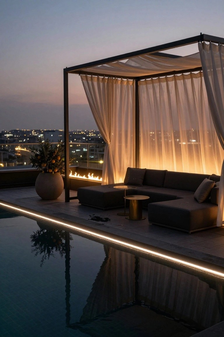 18 Luxury Pool Detail Ideas That Take Your Design Further Rooftop pool area with a linear in-ground fire pit along the terrace edge next to a narrow infinity pool edged in LED lights, L-shaped dark gray sofa under a black metal pergola draped in sheer white curtains, potted orange tree, and cityscape view at dusk.